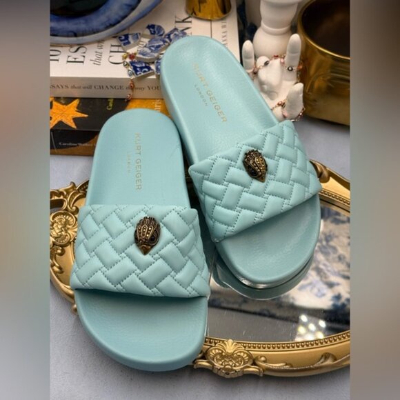 🆕 KURT GEIGER LONDON 🧿 NWOB Meena Eagle Quilted Slides, Blue - Sz EU 37 US 7 - Picture 6 of 14